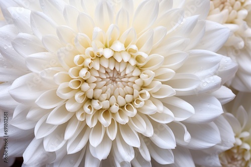  a close - up of a white flower with drops of water on the petals and the center of the flower. © Shanti
