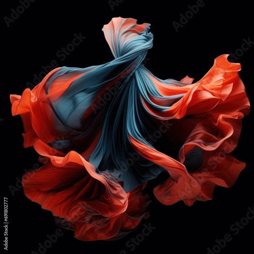  a woman in a red and blue dress is flying through the air with her hair in the wind and her dress blowing in the wind.