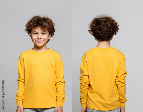 Front and back views of a little boy wearing a yellow long-sleeve T-shirt