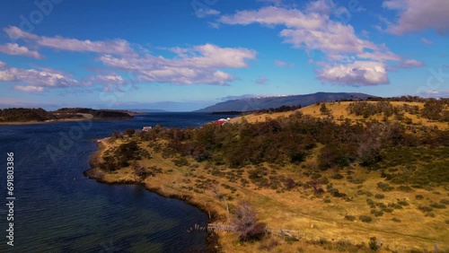 Drone shot flying over the Estancia Harberton towards the Beagle Channel in Tierra del Fuego, Argentina. photo