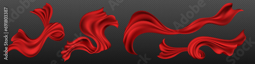 Sheet of red silk ribbon flying and curving in air. Realistic vector illustration set of satin fabric curtain wave on wind. Breeze blowing and flowing pieces of textile cloth drapery tape with folds.
