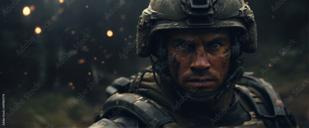 A cyborg soldier fighting in a warzone movie story seen trail cam footage, bokeh, particles