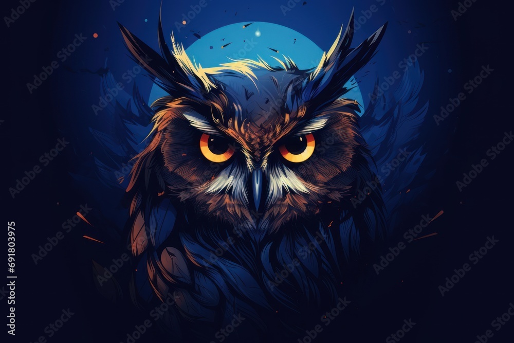  a close up of an owl's face on a dark background with a full moon in the sky behind it.