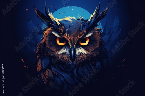  a close up of an owl's face on a dark background with a full moon in the sky behind it.
