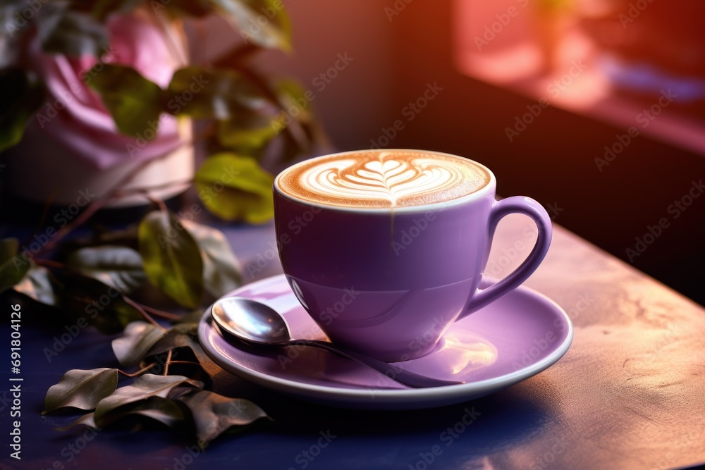 a cup of coffee on a saucer with a spoon next to a potted plant on a window sill. a cup of coffee on a saucer with a spoon next to a potted plant on a window sill.