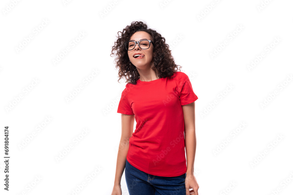 young caucasian active leader woman with black curly hair dressed in red t-shirt with fabric print mockup young caucasian active leader woman with black curly hair dressed in red t-shirt with fabric print mockup