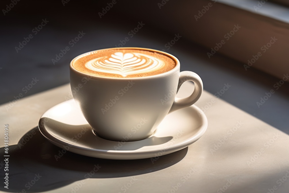 a cappuccino sitting on top of a saucer on top of a table next to a window. a cappuccino sitting on top of a saucer on top of a table next to a window.