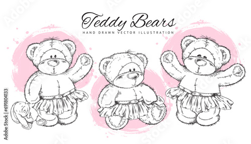 Set of cute teddy bears in hand drawn sketch style, vector illustration isolated on white background.