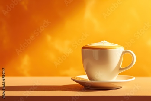  a cup of coffee on a saucer with a saucer on a saucer in front of a yellow background.
