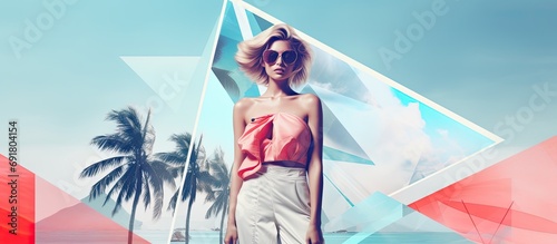 Modern digital art combining beach  ocean  tropics  geometry  and fashion zine aesthetics.