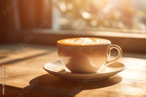  a cappuccino sitting on top of a saucer on top of a wooden table next to a window. photo