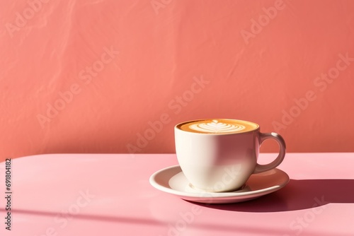  a cup of coffee sitting on top of a saucer on top of a pink table next to a pink wall.
