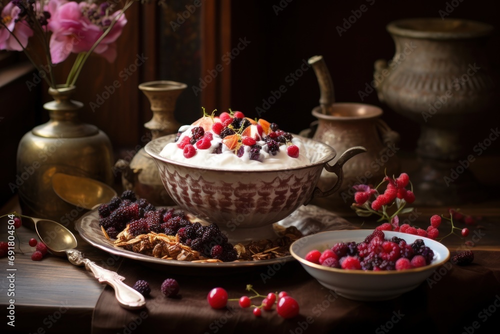 a table topped with a bowl of fruit next to a bowl of whipped cream and a bowl of raspberries. a table topped with a bowl of fruit next to a bowl of whipped cream and a bowl of raspberries.