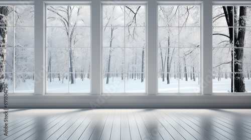 Large picture window - snow - extreme blue skies - snow- background - landscape - winter scenery 