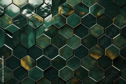  a pattern of hexagonal tiles with a green and gold pattered finish on the outside of the tiles. photo