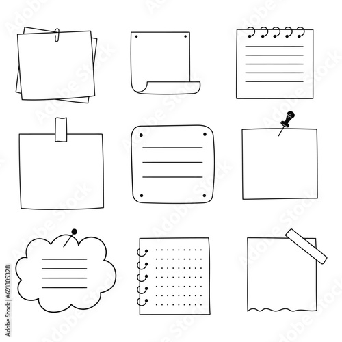 Hand drawn sheets of note paper, sticky note, reminder, to-do list. Bullet journal elements in doodle style.