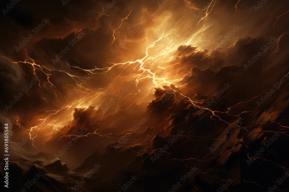  a painting of a storm in the sky with orange and yellow clouds in the foreground and a black sky with orange and yellow clouds in the background.