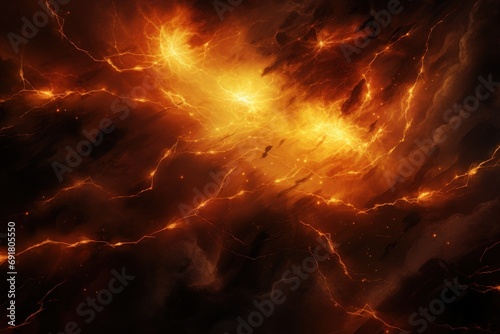  a bright orange and yellow background with a bird flying in the center of the image and lightning in the middle of the sky.