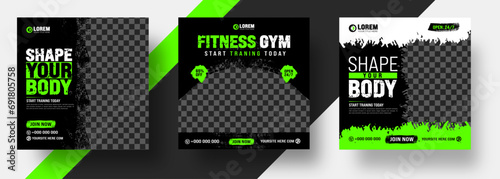 watercolor paint brush strokes texture Fitness gym social media post banner template with black and green color. Grunge brush stroke effect Workout fitness and Sports social media post banner bundle.