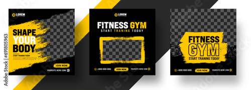 watercolor paint brush strokes texture Fitness gym social media post banner template with black and yellow color. Grunge brush stroke effect Workout fitness and Sports social media post banner bundle.