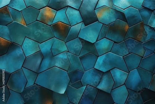  a close up of a wall made up of hexagonal tiles with a blue and gold pattered finish.