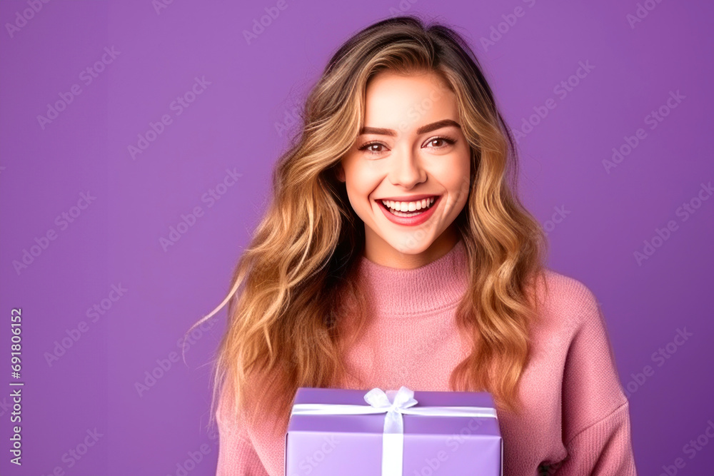 Happy young woman holding gift box over isolated purple background Happy young woman holding gift box over isolated purple background
