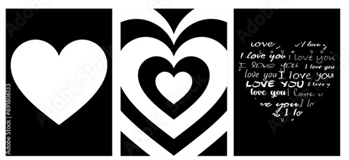 collection of modern simple minimalistic monochrome abstractions in the form of white hearts with the text I love you on a black background