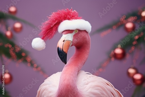  a pink flamingo wearing a santa hat in front of a christmas tree with baubs and baubs. photo