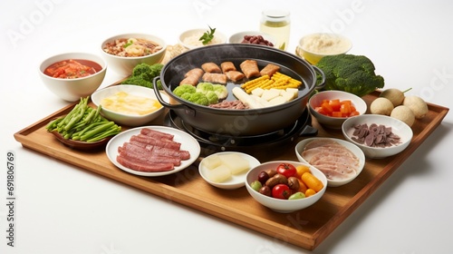 an isolated hotpot, its steam rising gracefully, enveloping an assortment of fresh vegetables, tofu, and meats, creating an inviting and aromatic scene against the simplicity of a white background.