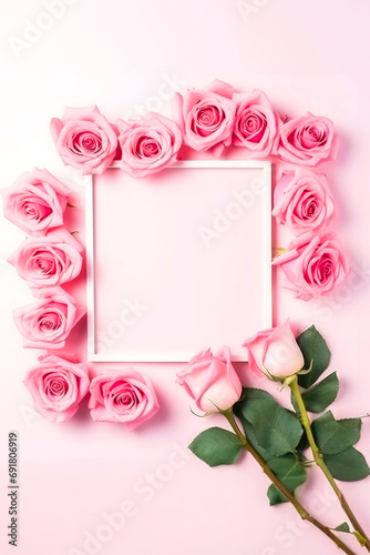 Postcard with a blank frame surrounded by rose flowers on a pink background, vertical template for congratulations on March 8, Valentine's Day or birthday