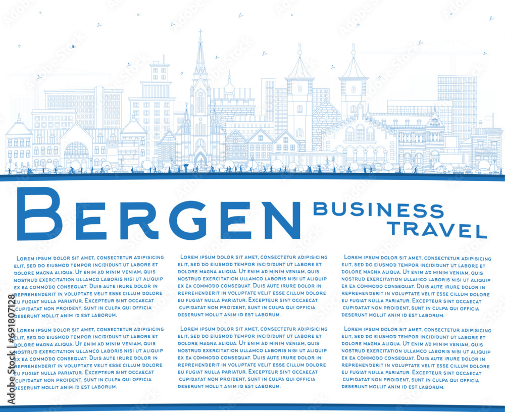Outline Bergen Norway City Skyline with Blue Buildings and copy space. Bergen Cityscape with Landmarks. Business Travel and Tourism Concept with Historic Architecture.