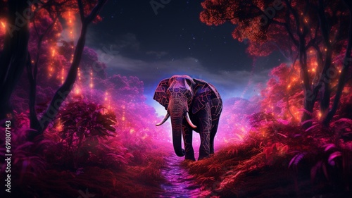 Elephant Neon light animal walk through the forest AI Generated image © Protap Biswas