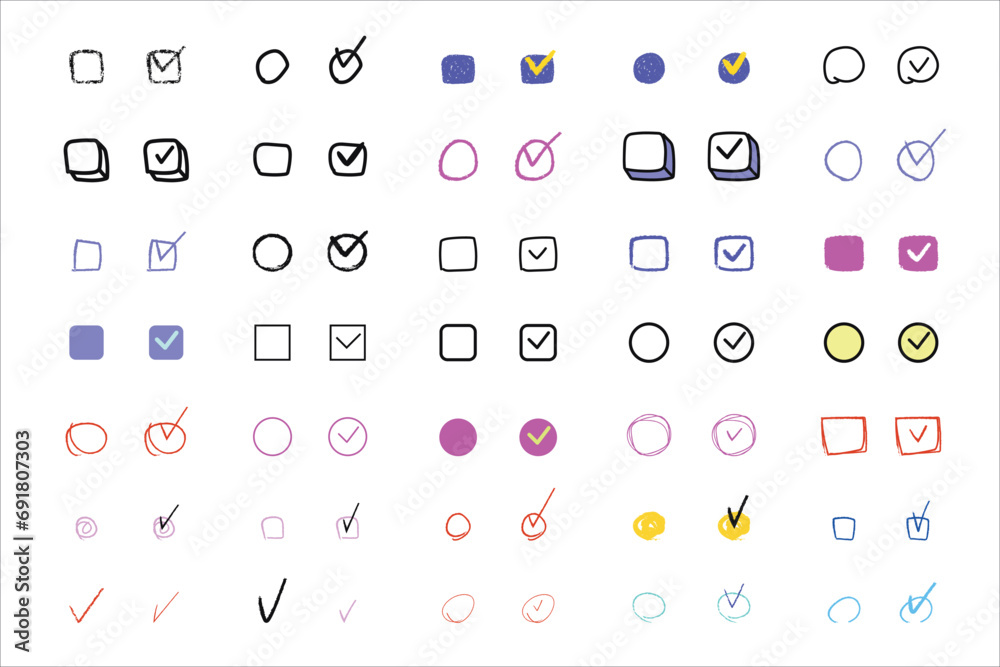 Set of various color hand drawn checked check mark, tick box doodle icon - obrazy, fototapety, plakaty 