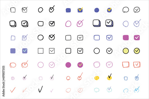 Set of various color hand drawn checked check mark, tick box doodle icon