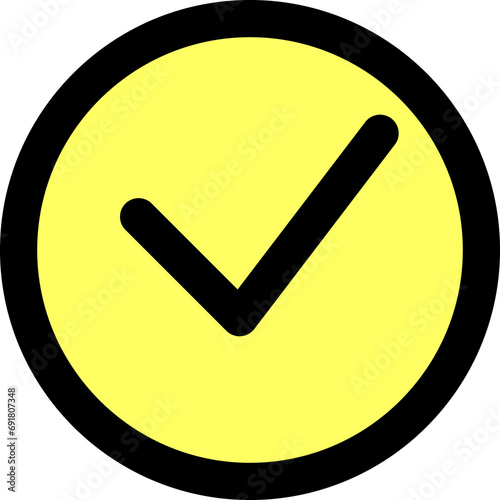 Black outline yellow circle type checked check mark, tick box doodle icon, transparent background png