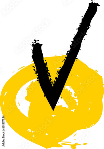 Hand drawn yellow circle checked check mark, tick box doodle icon, , transparent background png