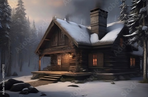 The Snowy Cabin Retreat is a cozy cabin in the woods with smoke emanating from the chimney AI Generated