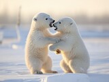 Two polar bears are playing in the snow. Generative AI.