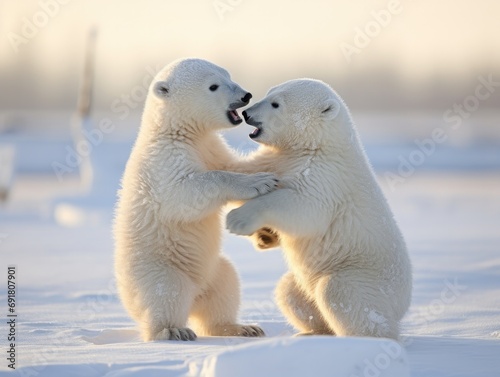 Two polar bears are playing in the snow. Generative AI.