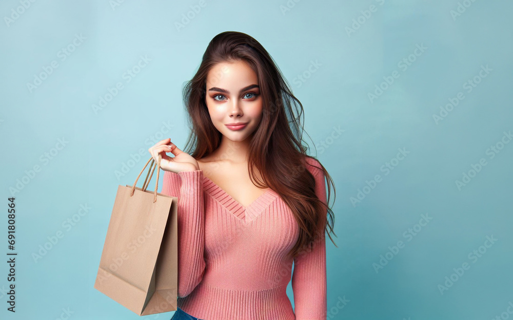 woman holding shopping bags happy woman Girl holding colorful shopping packages. Shopping. Blue background.