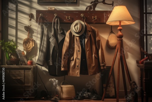 Vintage men's clothing and accessories displayed in classic interior. Retro fashion and style.