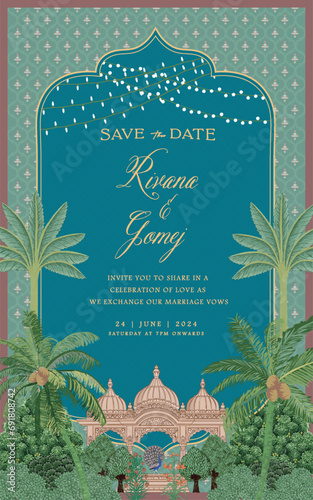 Mughal invitation card design with Mughal temple, peacock, tropical trees, and flowers vector illustration. photo