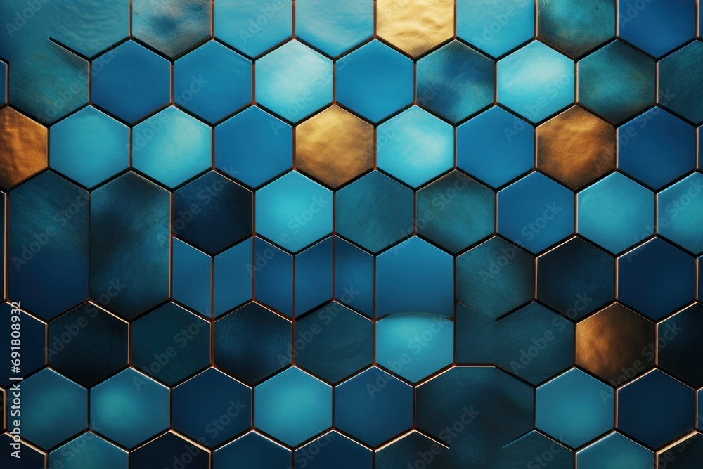 a close up of a wall made up of hexagonal tiles with a gold and blue design on it. a close up of a wall made up of hexagonal tiles with a gold and blue design on it.