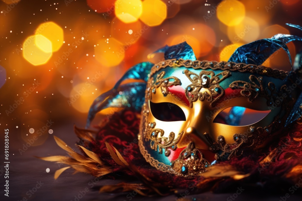 a masquerade mask sitting on top of a red and gold feathered piece of cloth in front of a blurry background.
