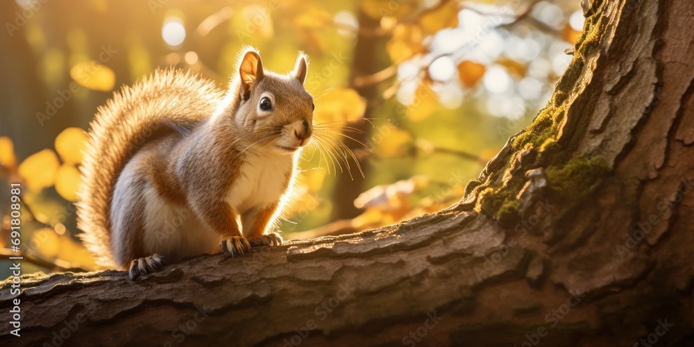 Backlit by the sun, a squirrel scales an aged tree trunk. Backlit by the sun, a squirrel scales an aged tree trunk.