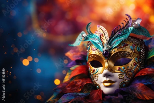  a close up of a carnival mask with feathers on a dark background with boke of lights in the background. © Shanti
