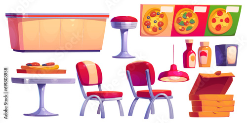 Pizzeria interior furniture and equipment. Cartoon vector set of pizza restaurant room elements - table and chairs, bar counter and stool, food and sauces, stack of cardboard boxes for delivery.