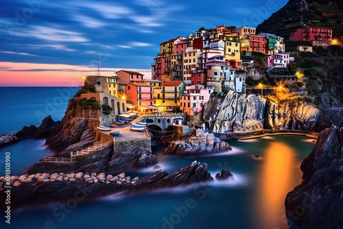 Foto a picture of a town on a cliff by the ocean at night with lights on the buildings and the water in the foreground