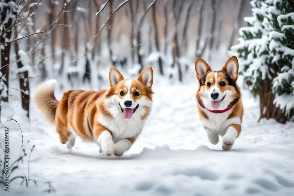 two dogs playing in snow