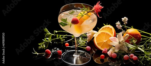 Festive champagne cocktail with herbs and fruit, seen from above.